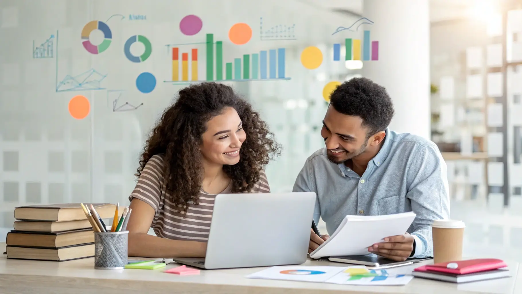 A coach and executive in a modern office setting, discussing strategies and reviewing data on a tablet, with a focus on collaboration and growth.