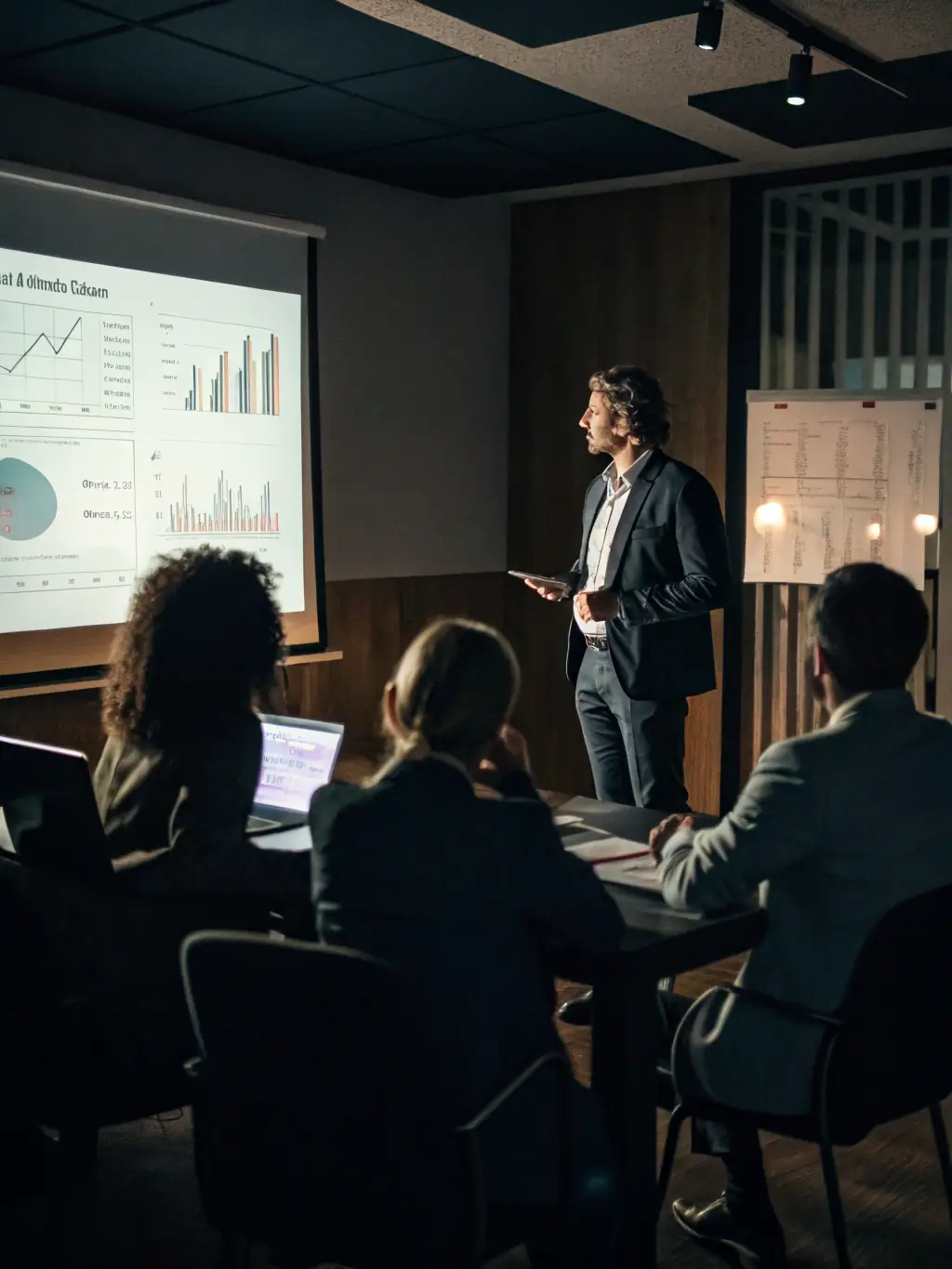 A consultant presenting data-driven insights to a boardroom of executives, assisting in strategic decision support.
