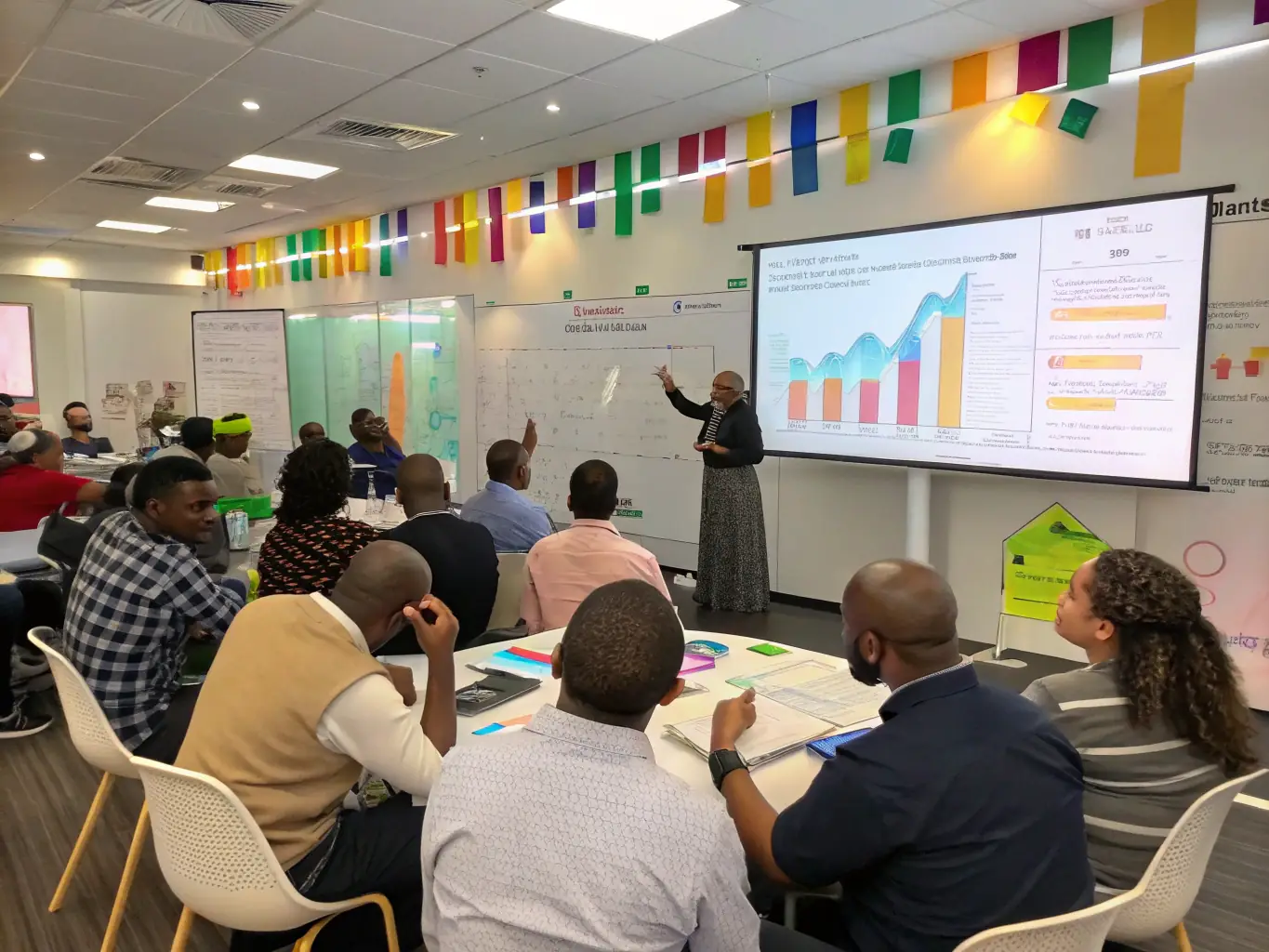 A coach is facilitating a workshop on growth mindset investing, using visual aids to illustrate the power of adaptability and continuous learning. The participants are actively engaged, demonstrating a commitment to personal and professional development.