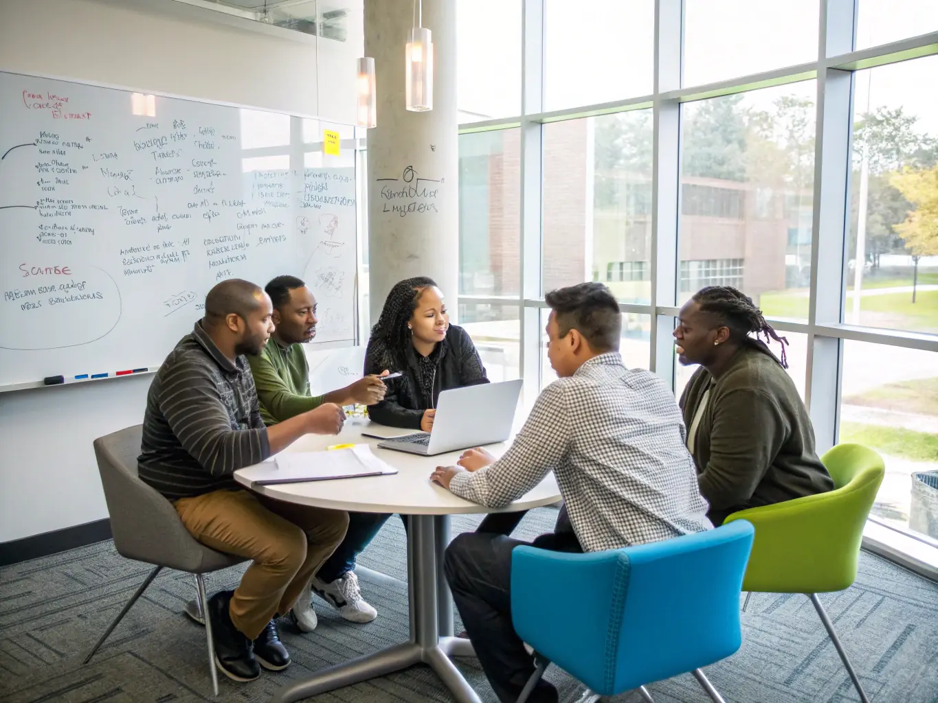 A diverse group of professionals participating in a leadership development workshop, engaging in team-building activities and interactive discussions. The atmosphere should be collaborative, inspiring, and focused on growth.